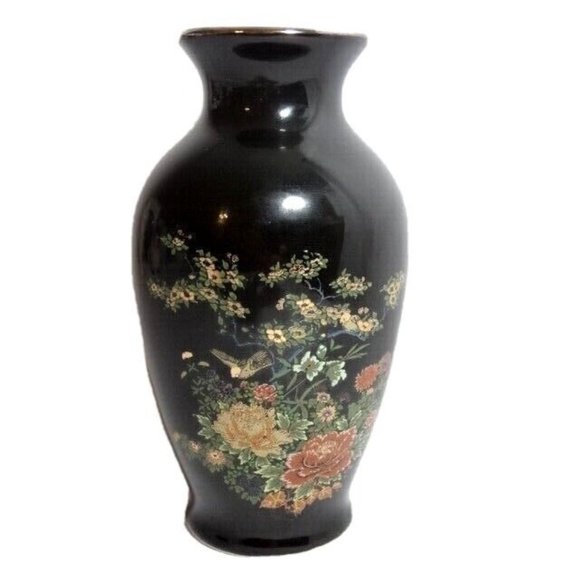 Accents Vintage Japanese Inspired Vase Black Floral Bird 6inches